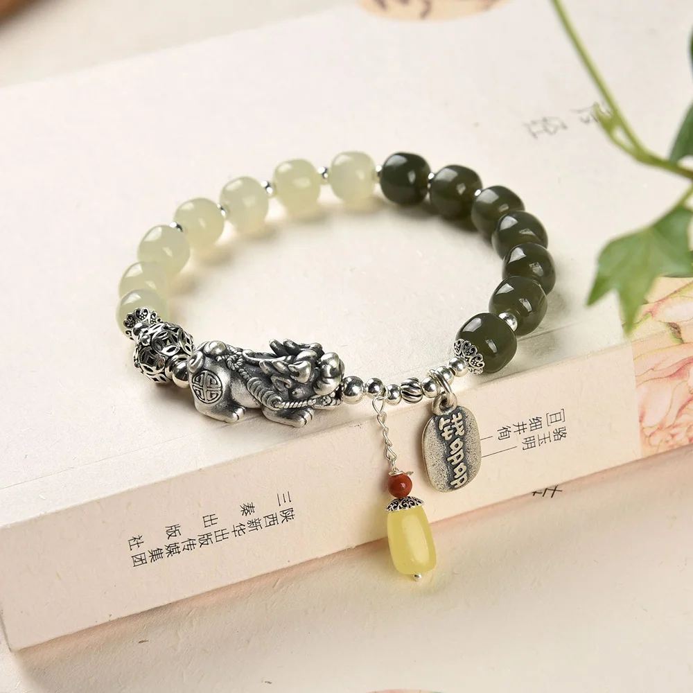 Natural Hotan Jade Beads Men's Bracelet 925 Silver Natural Honey Wax Pendant Bangles Fine Jewelry Gift For Boyfriend Wholesale