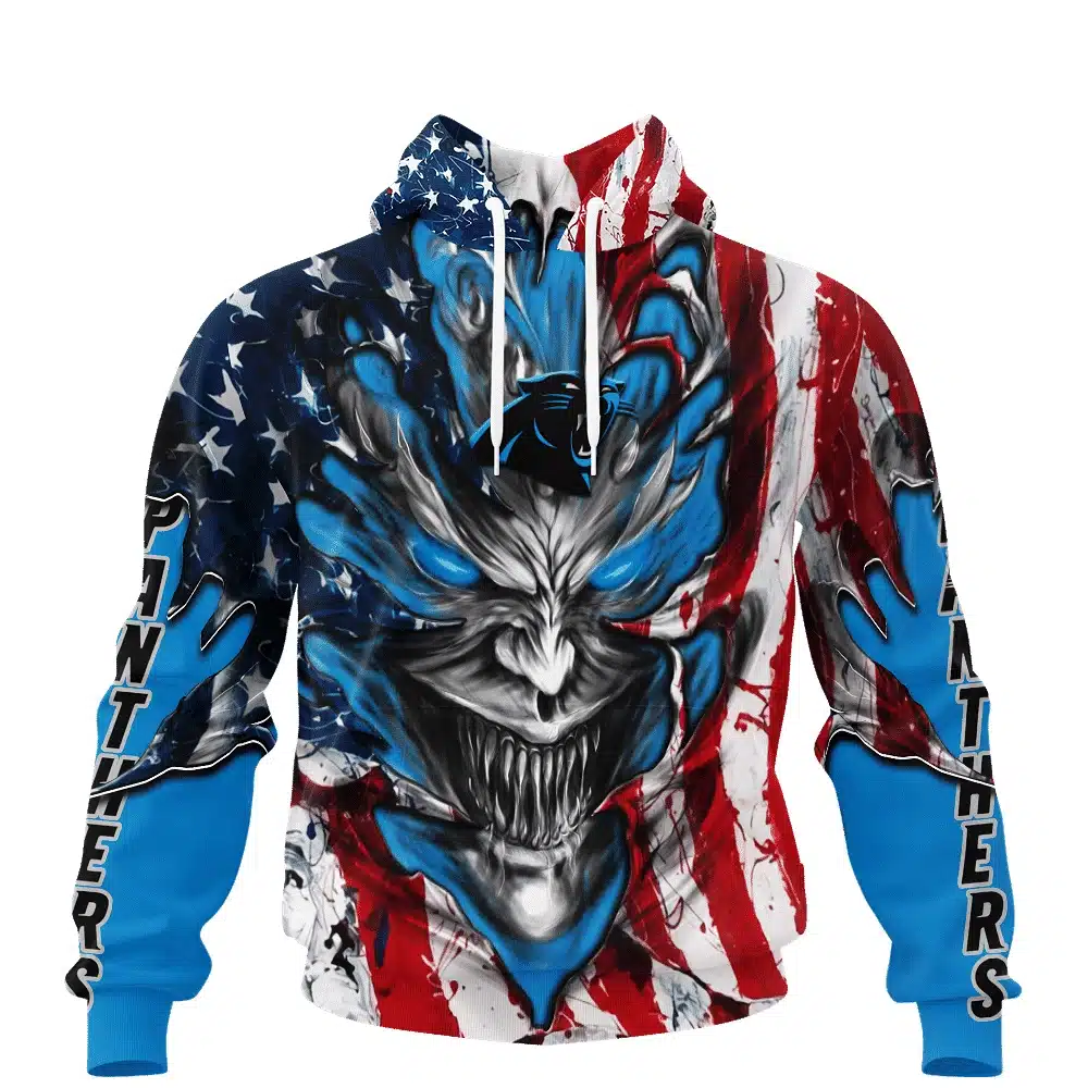 CAROLINA PANTHERS DEMON FACE AMERICAN FLAG-3D UNISEX HOODIE