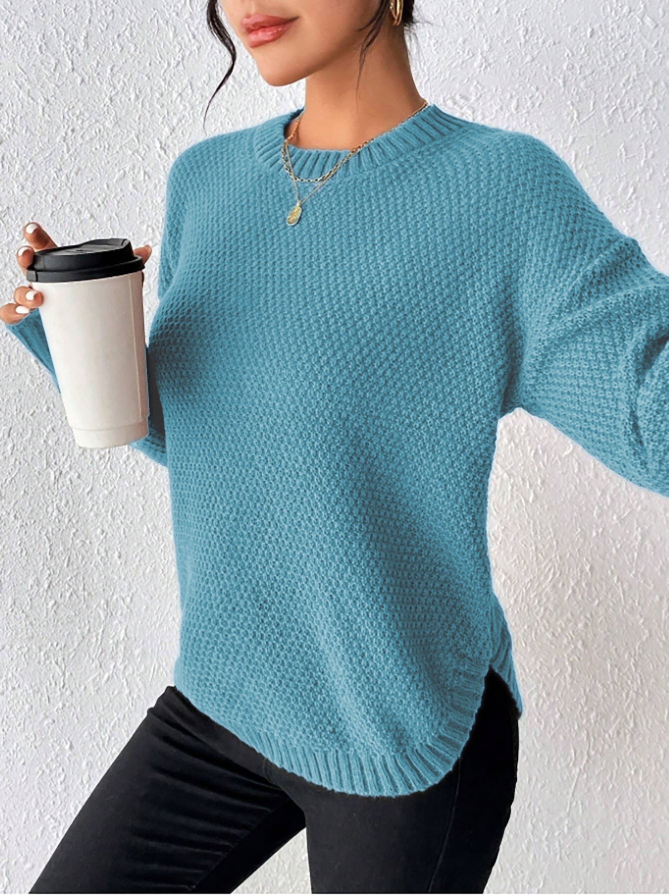 Women'S Round Neck Casual Solid Color Knitted Sweater