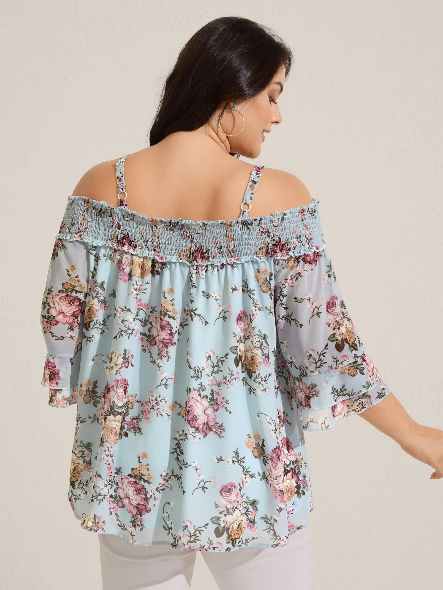 Shirred Off-Shoulder Chiffon Floral Blouse