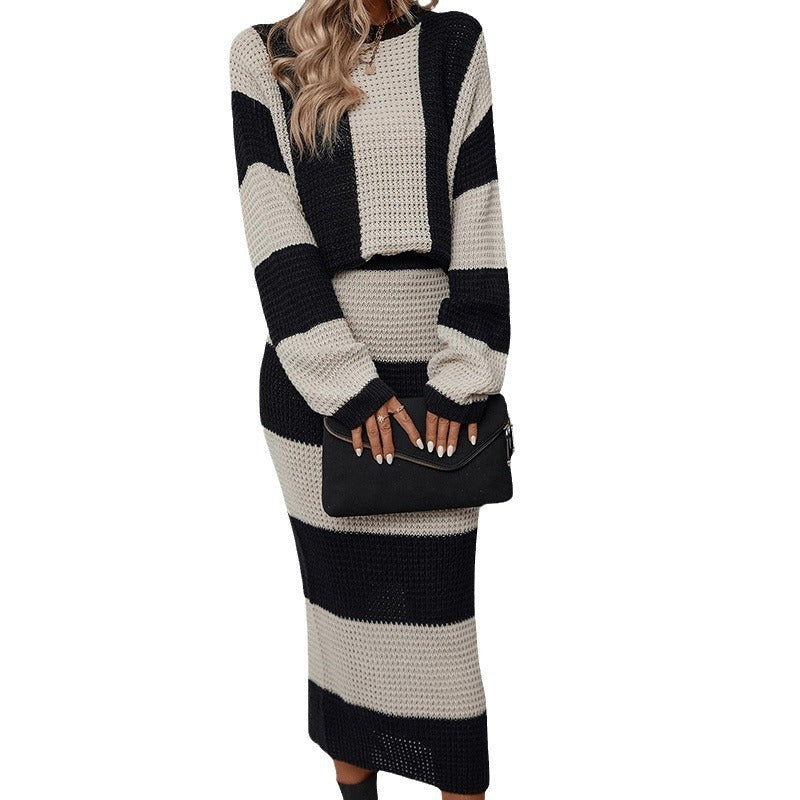 Loose Knit Dress with Contrast Color Stripes and Long Pullover Design