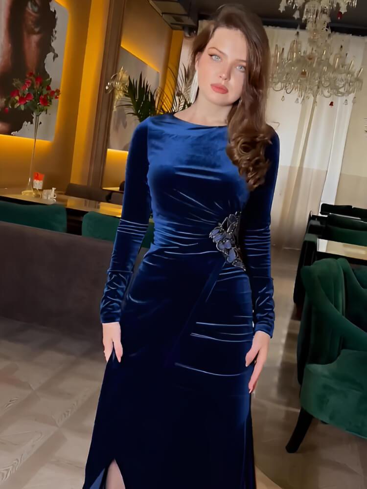 Women's Round Neck Long Sleeve Velvet Dress