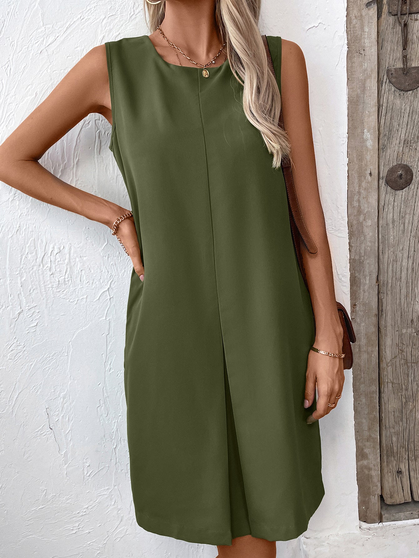 Women Clothing Office Dress Loose Sleeveless Round Neck Dress Women