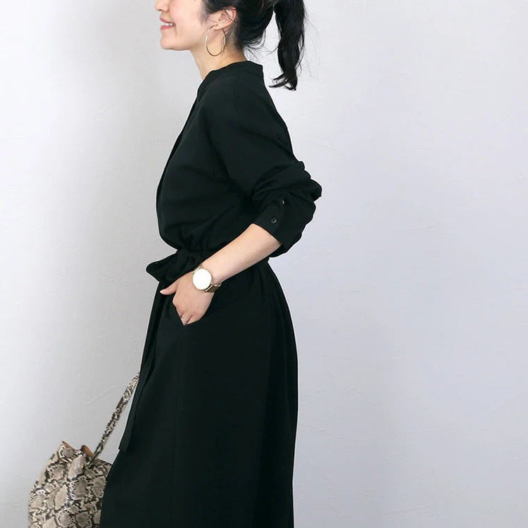 Autumn Winter Shirt Base Dress Women Solid Color Loose Casual V neck Maxi Dress
