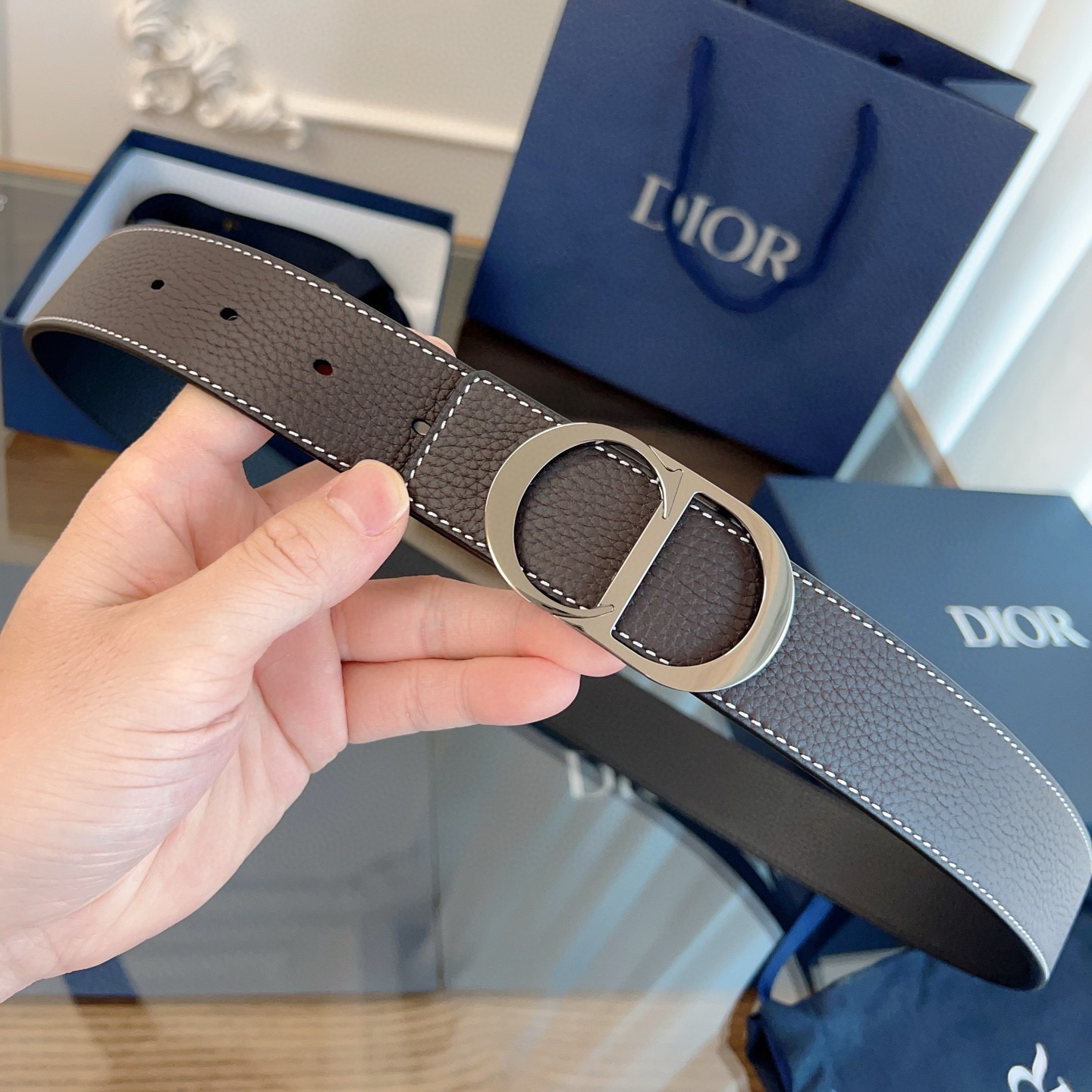 Dior coffee black double-sided cowhide leather belt width 3.5cm