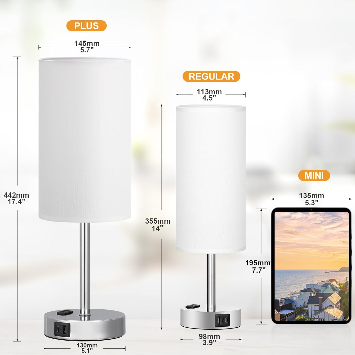 Bedside Table Lamp for Bedroom - 3 Way Dimmable Touch Lamp USB C Charging Ports and AC Outlet, Small Lamp Wood Base Round Flaxen Fabric Shade for Living Room, Desk, LED Bulb Included