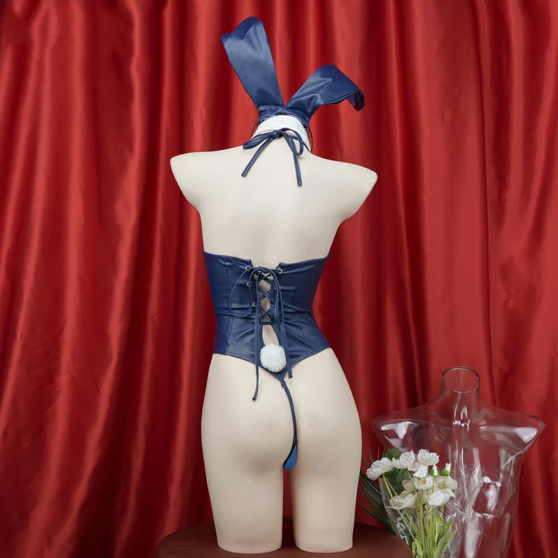 Cosplay Bunny Hollow Out Lace Up PU Jumpsuit Lingerie Set