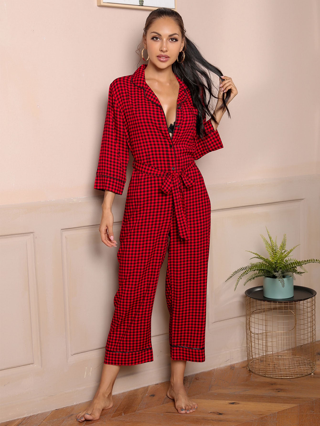 Spring Summer Pajamas Three Quarter Length Sleeves Cardigan V neck Simplicity Red Plaid Jumpsuit Home Wear