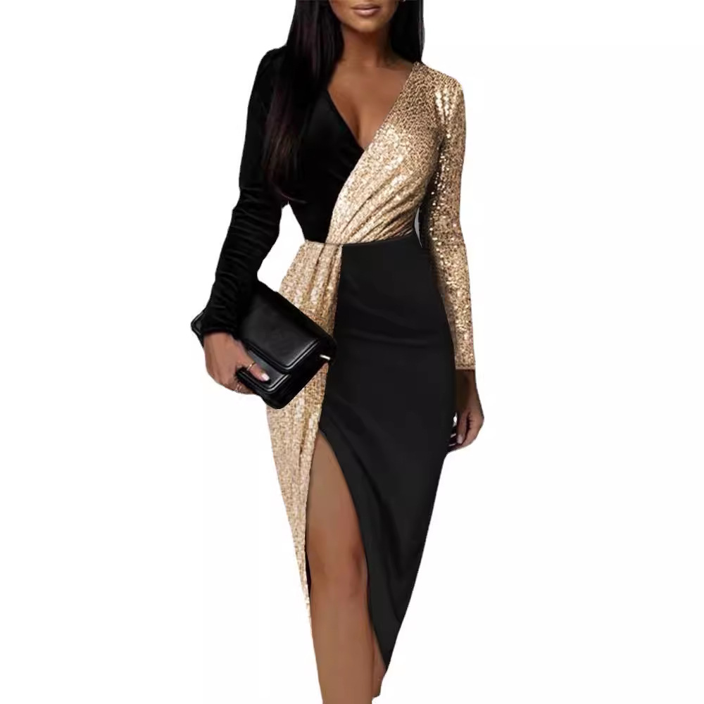 Two colors High waist pure color temperament commuting To the director  Waist dress