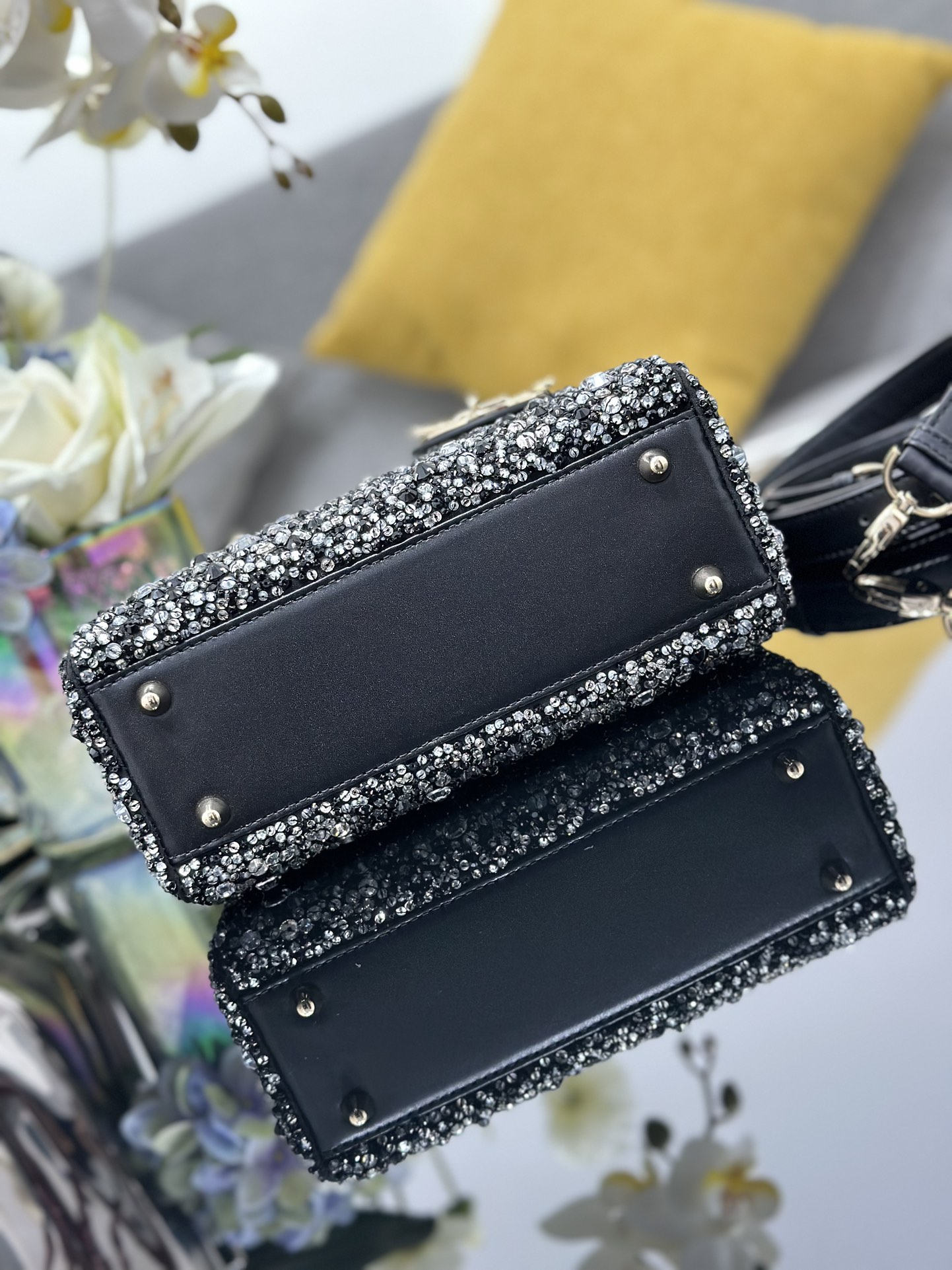Dior Lady four-grid embroidery diamond black Princess Diana bag M0538