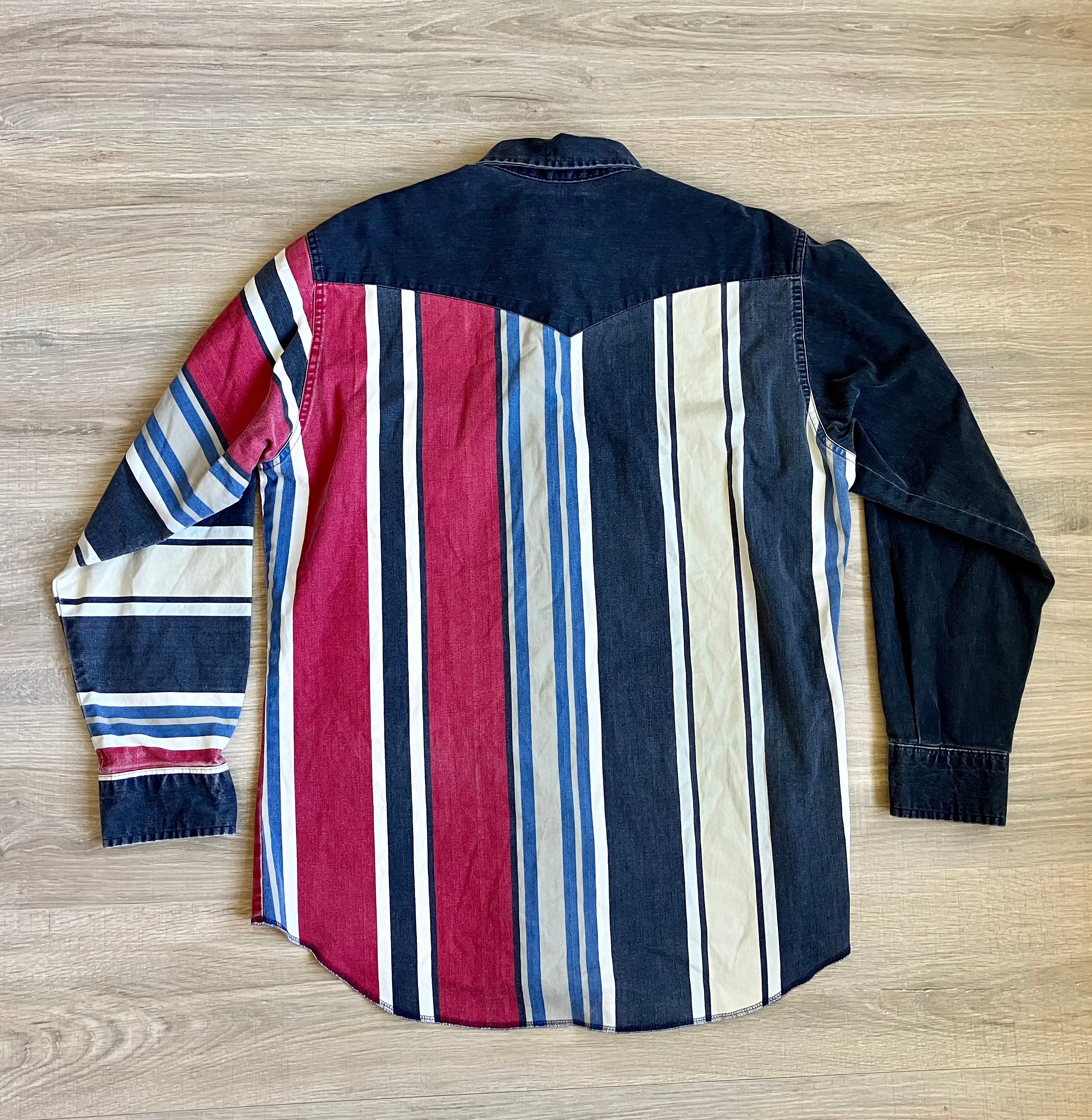 Men's Fashion Western Dark Blue Red Striped Long Sleeve Shirt