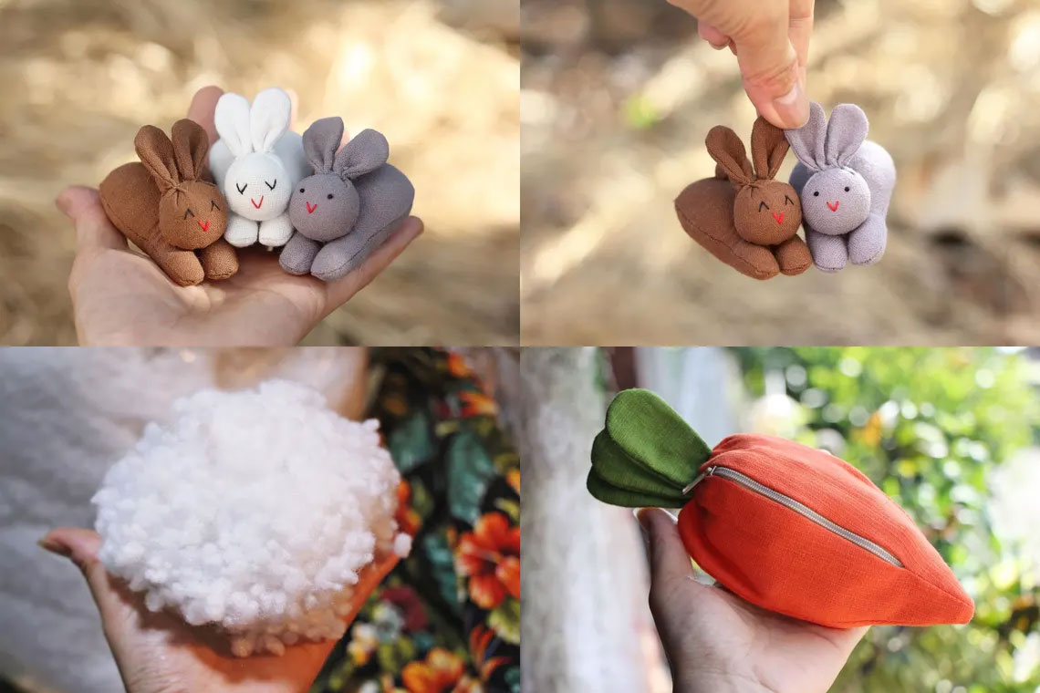 3 Organic stuffed bunnies in carrot zip pouch, Bunny Easter