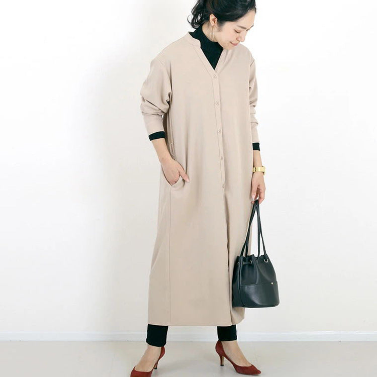 Autumn Winter Shirt Base Dress Women Solid Color Loose Casual V neck Maxi Dress