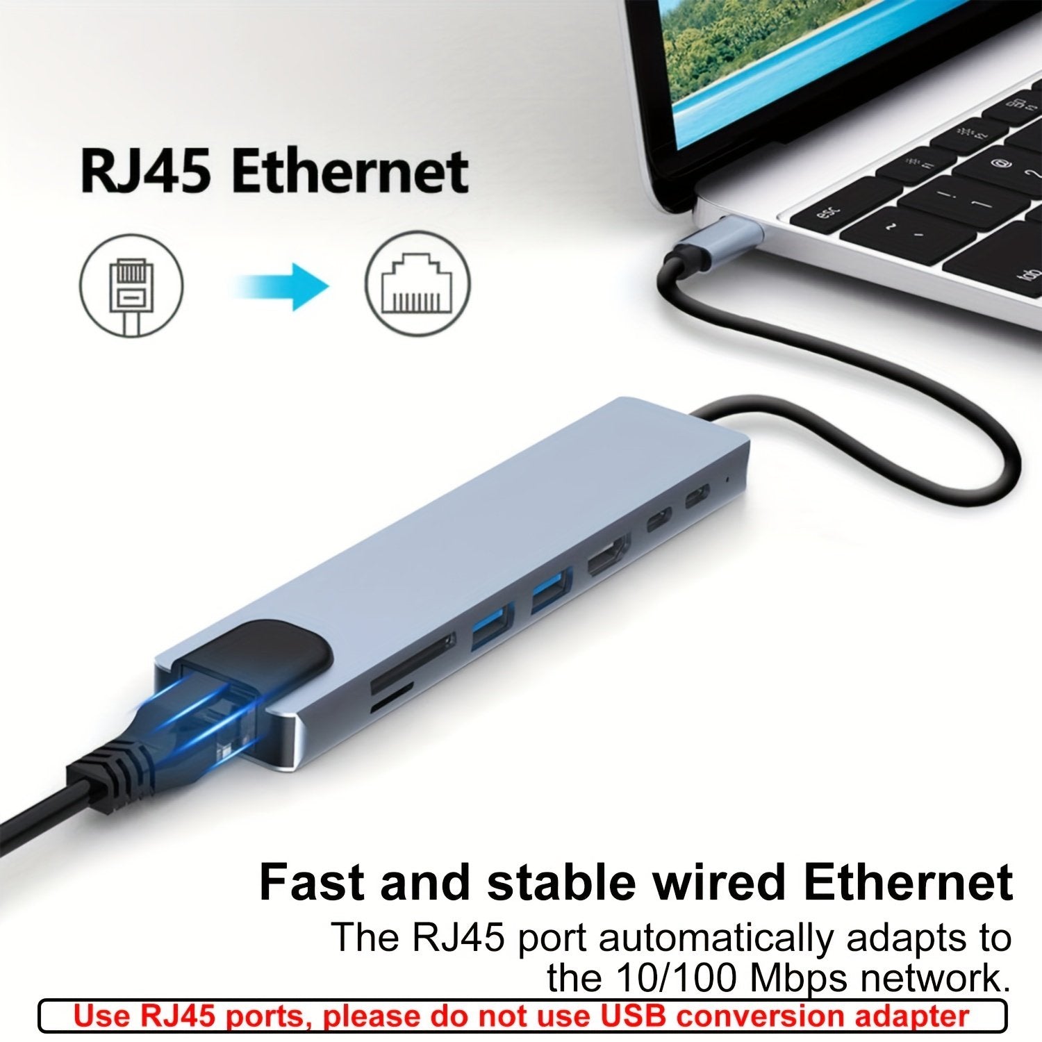 8 In 1 USB C HUB, USB C Adapter With 4K HDTV, 100W PD, USB C Port, USB 3.0,USB 2.0,RJ45 Ethernet, SD/TF Card Reader, Docking Station Compatible For MacBook Pro/Air USB C Laptops And Other Type C Devices