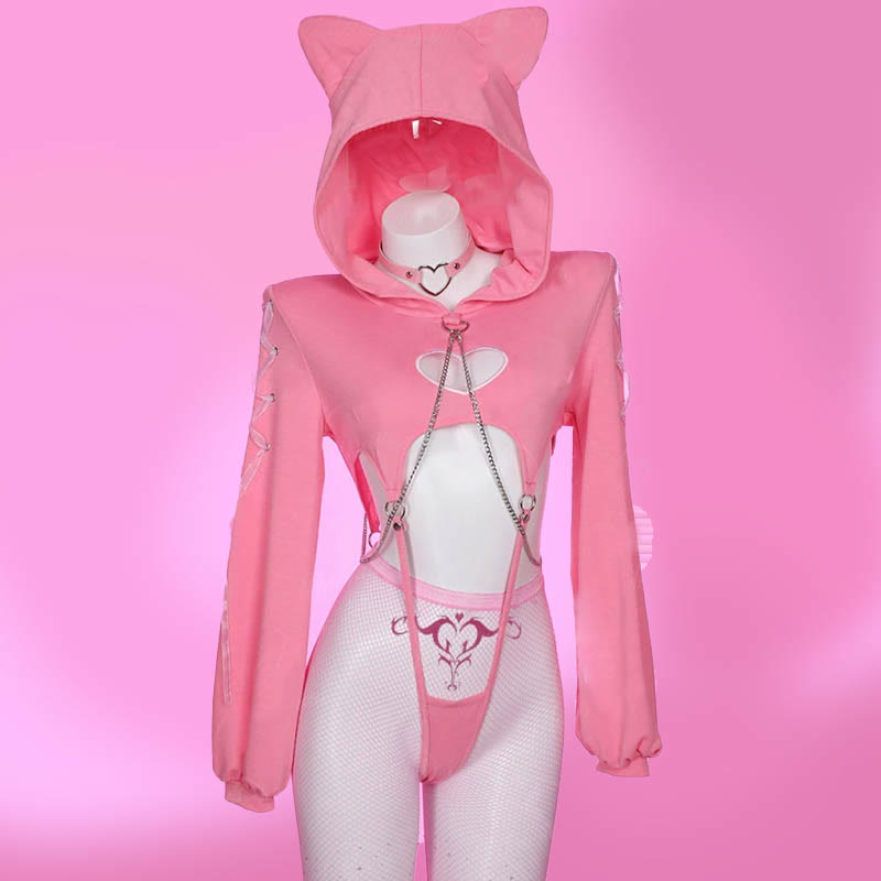 Cosplay Cat Heart Hollow Top Skirt Lingerie Costume