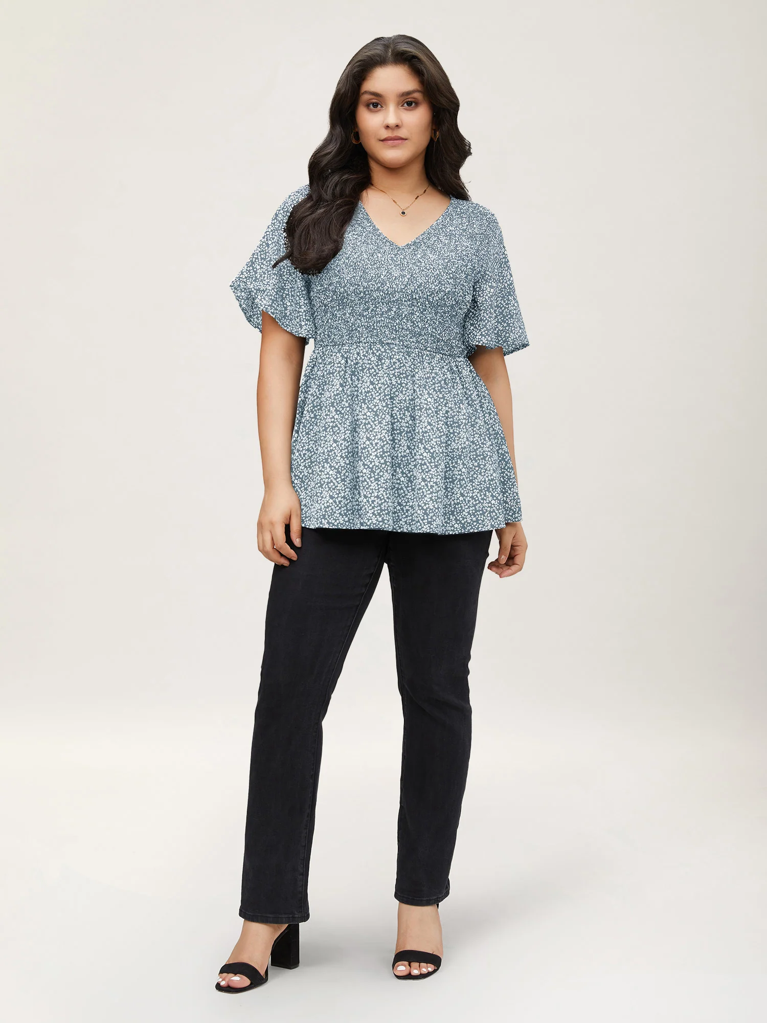 Ditsy Floral Shirred Ruffle Sleeve Elastic Waist Blouse