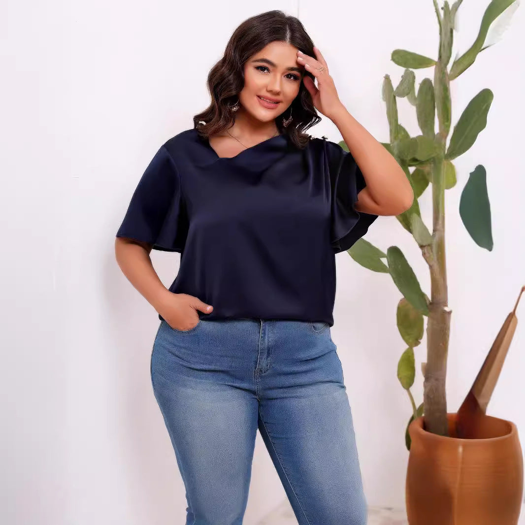 Plus Size Women Clothing Solid Color Satin Artificial Silk Pullover Oblique Shoulder Button Pleated Ruffle Sleeve Office Top Women Shirt