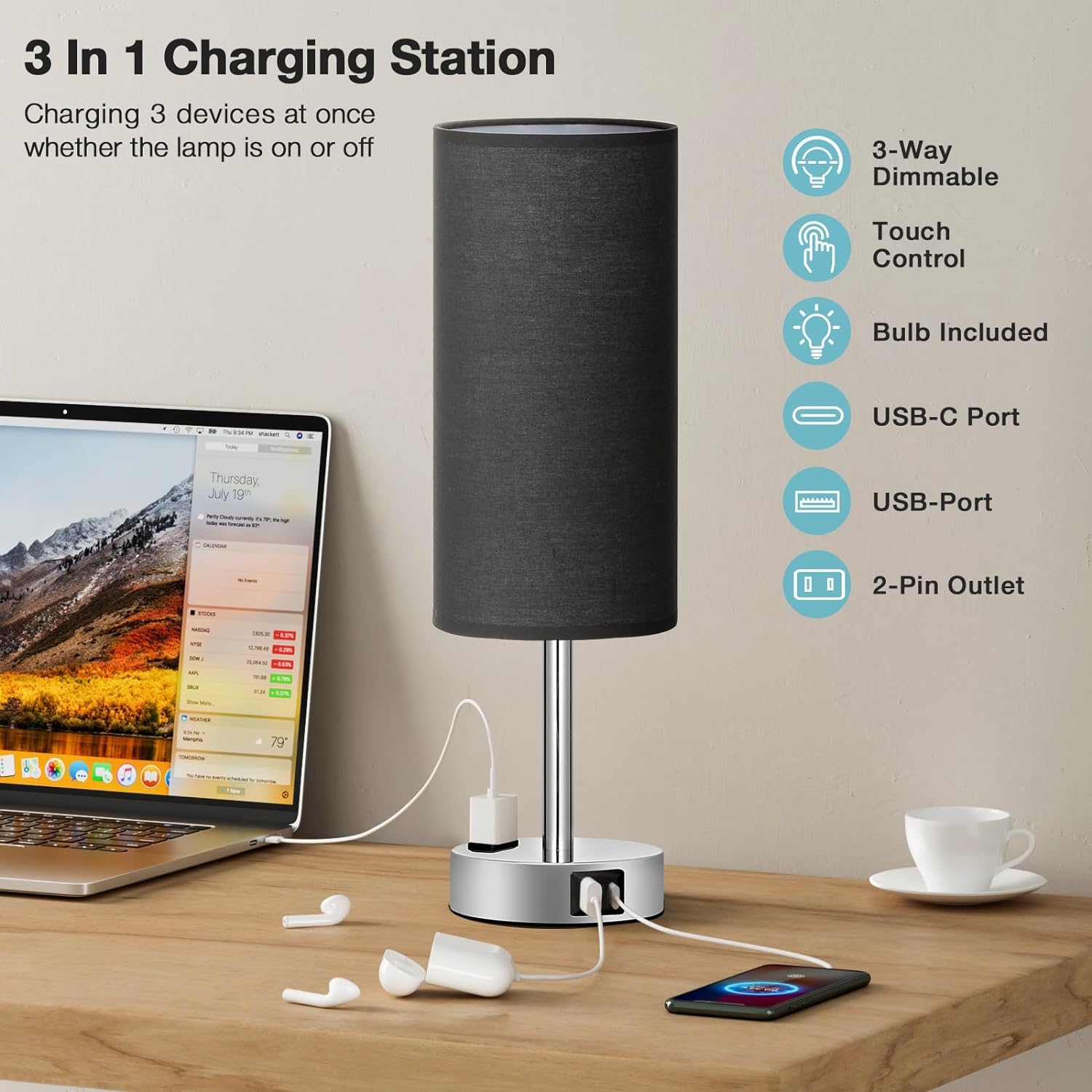 Bedside Table Lamp for Bedroom - 3 Way Dimmable Touch Lamp USB C Charging Ports and AC Outlet, Small Lamp Wood Base Round Flaxen Fabric Shade for Living Room, Desk, LED Bulb Included