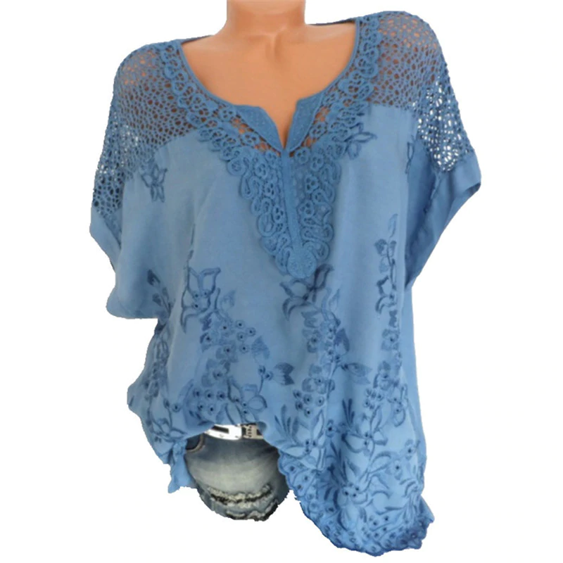(S-6XL)Damskie koronki V-Neck haftowane krótki rękaw Batwing