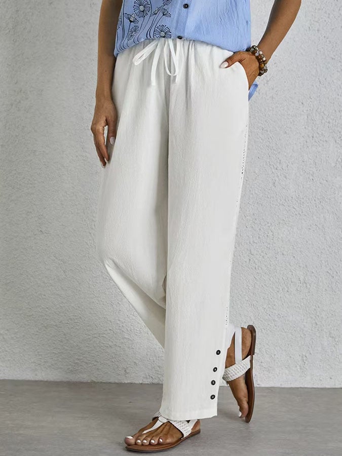 Casual Elegant Lace-Up With Pockets Buttons Lace Side Cotton Linen Trousers