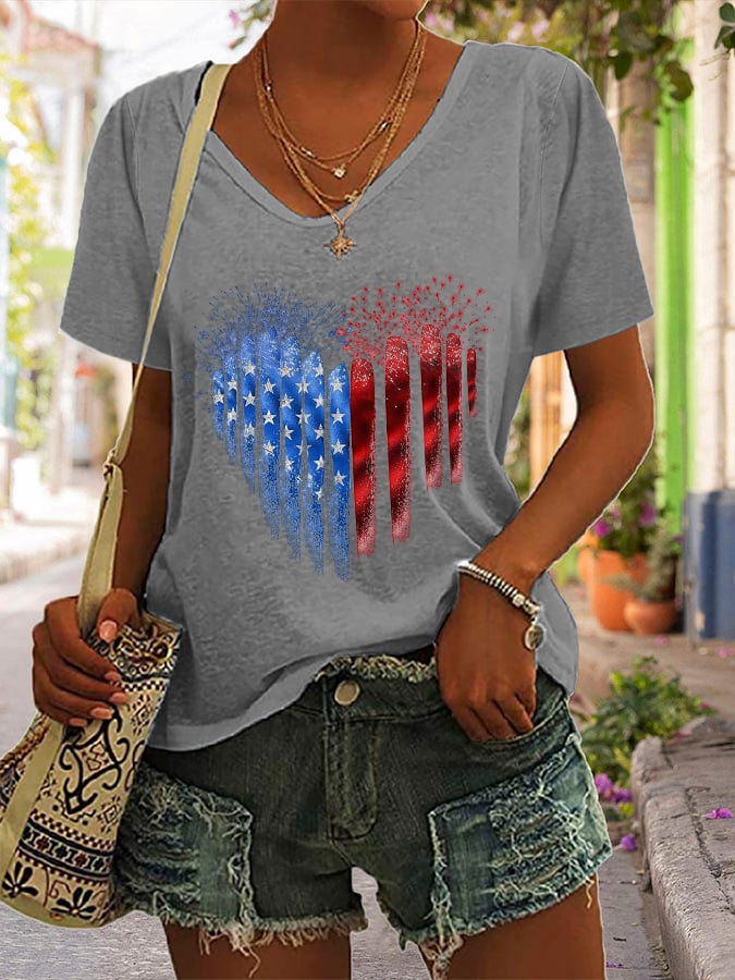 Women'S V-Neck Independence Day Vintage Casual T-Shirt