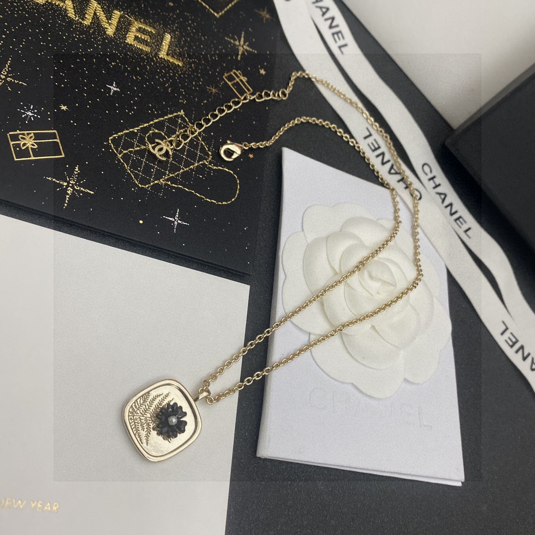 Chanel Square 3D Floral Image Pendant Necklace