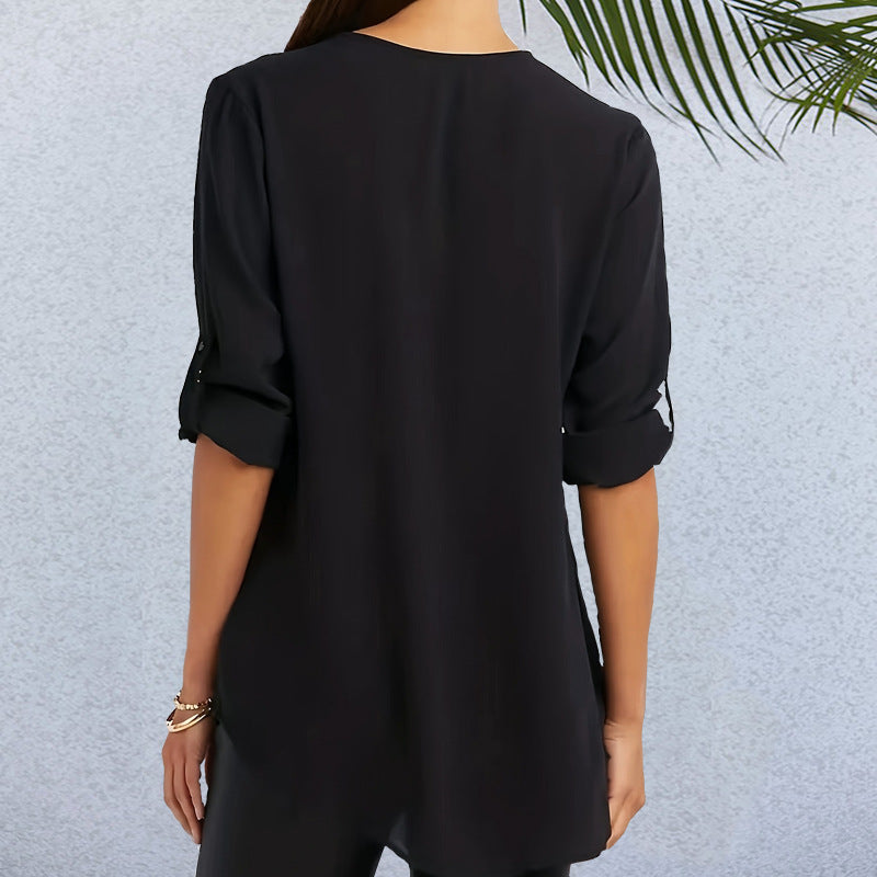 Casual Loose V-Neck Rhinestone Top with Rollable Sleeves