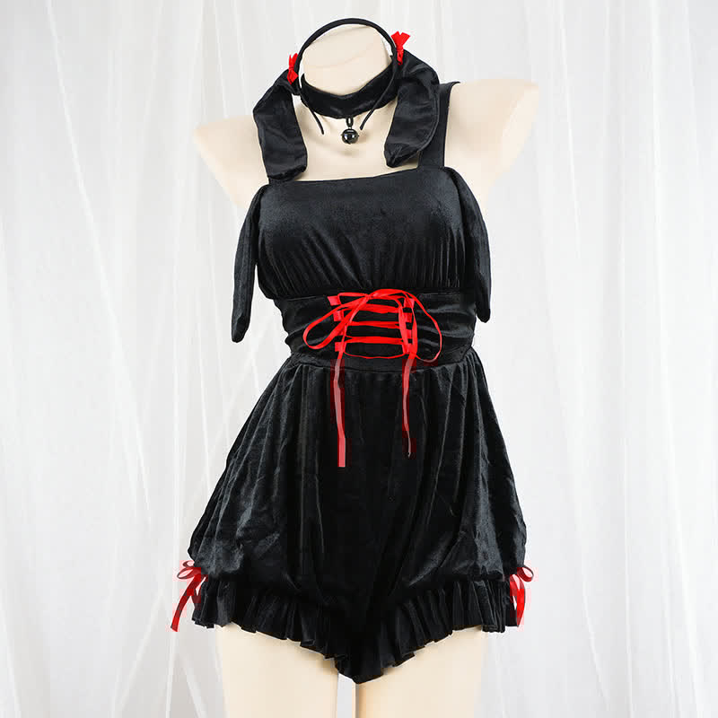 Cartoon Bunny Ears Lace Up Halter Lingerie