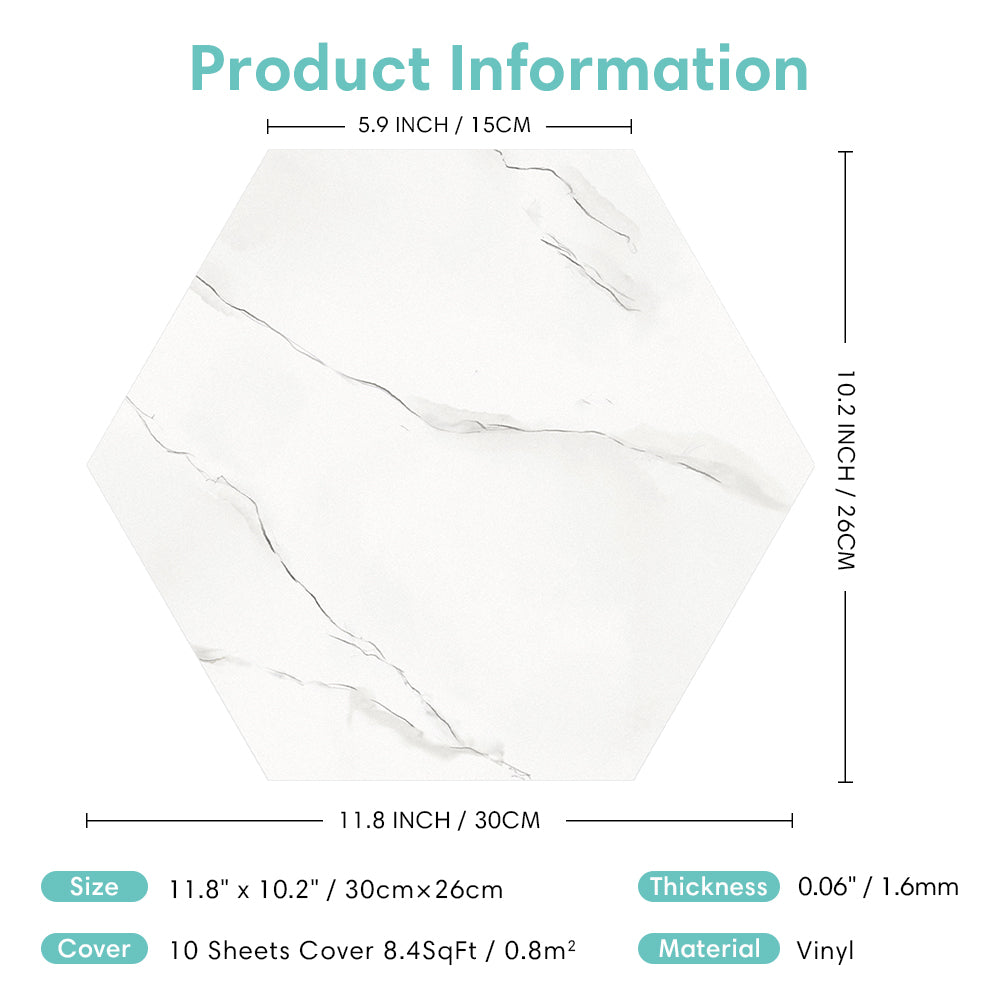 White Marble Hexagon Peel and Stick Vinyl Floor Tile Sticker