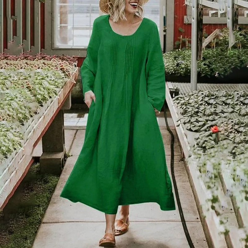 Round Neck Pleated Pocket Solid Color Long Sleeved Midi Dress