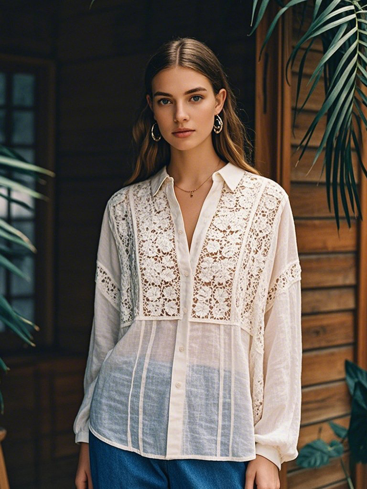 Women's Floral Lace Embroidery Art Long Sleeve Shirt