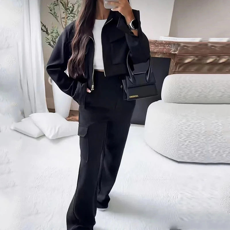 Fashion Solid Color Zipper Short Jacket Slim Fit Overalls Suit