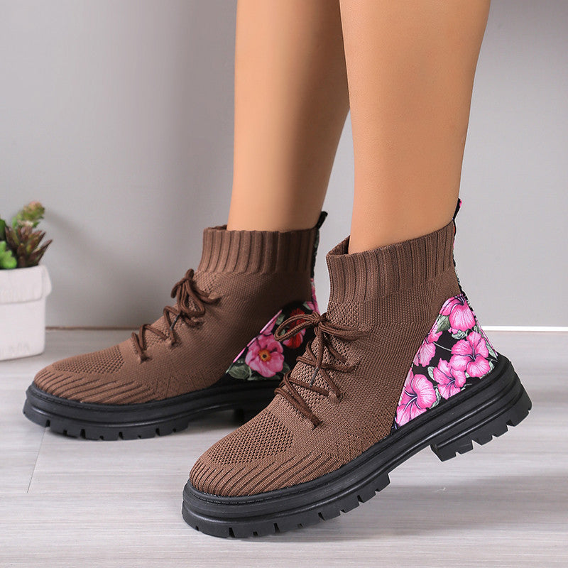 Stylish in Autumn and Winter with Flowers Print Knitted Mesh High