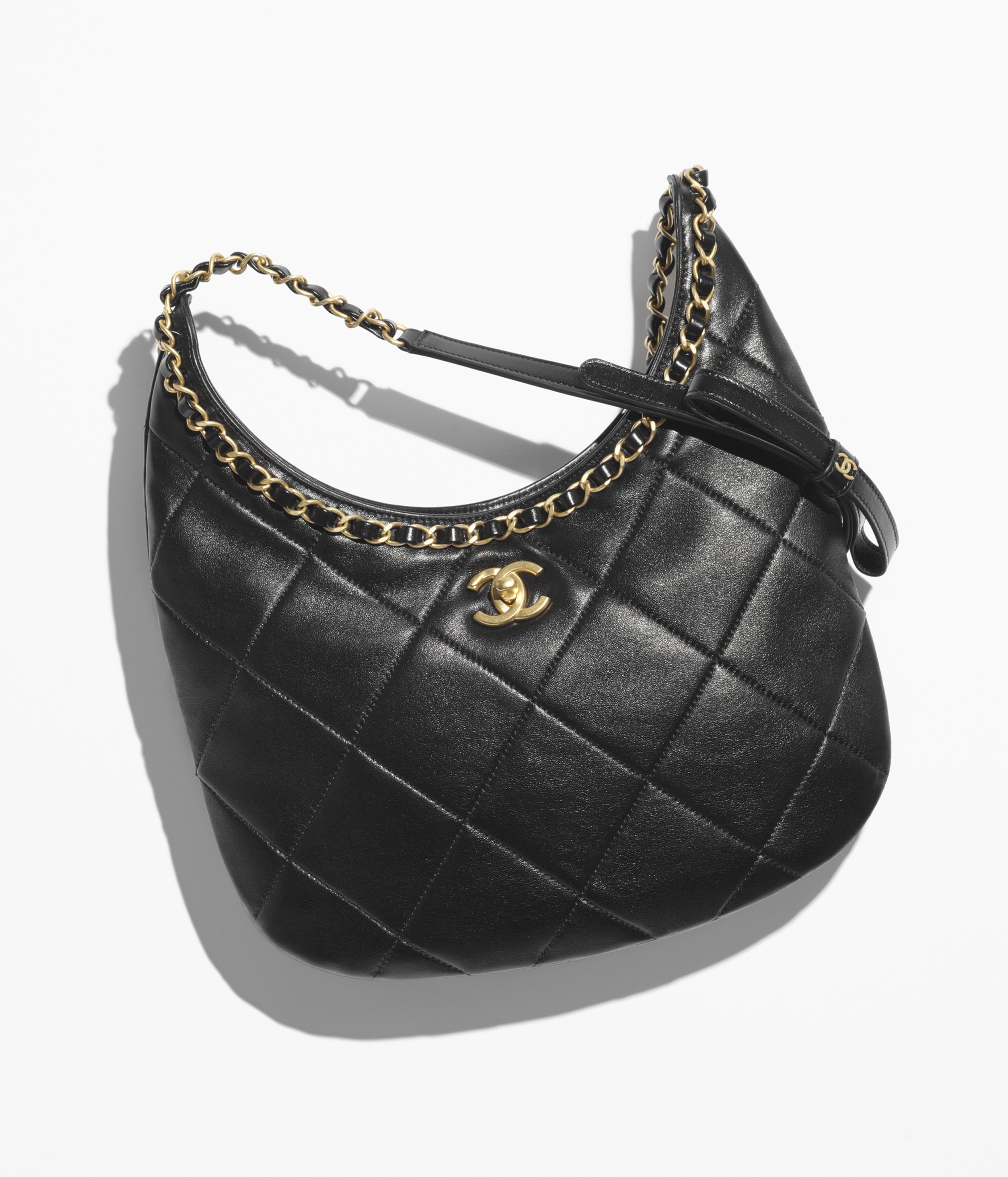CHANEL Hobo Handbag Shiny Lambskin & Gold-Tone Metal Black AS5419-B19643-94305