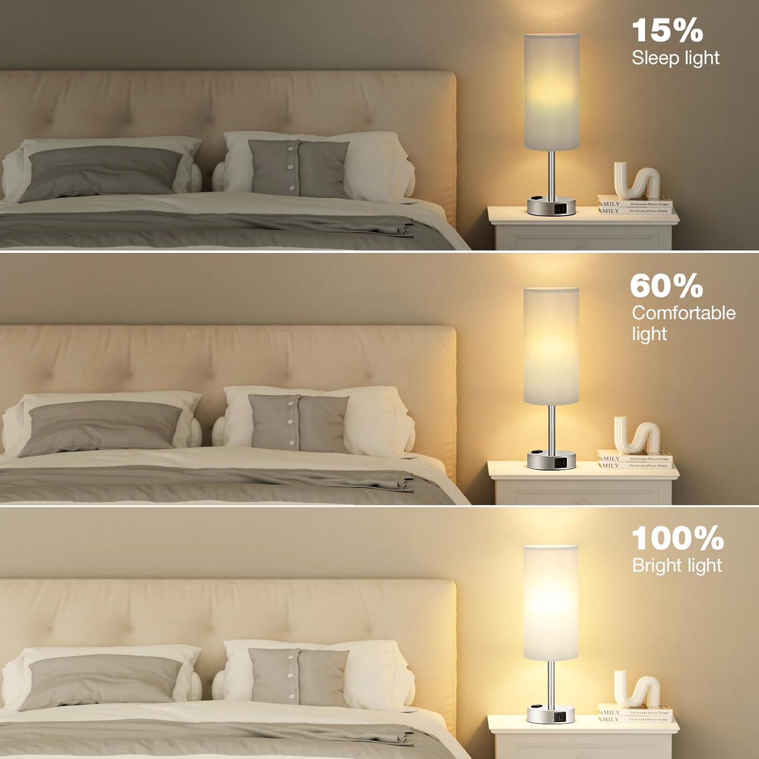 Bedside Table Lamp for Bedroom - 3 Way Dimmable Touch Lamp USB C Charging Ports and AC Outlet, Small Lamp Wood Base Round Flaxen Fabric Shade for Living Room, Desk, LED Bulb Included