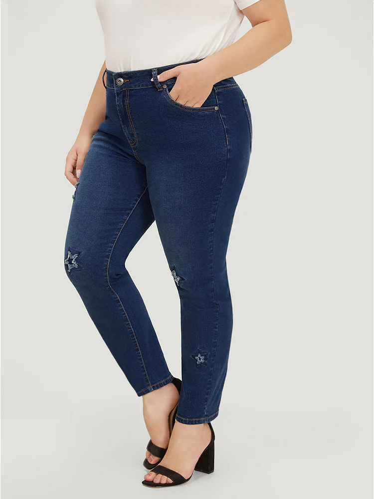 Very Stretchy High Rise Medium Wash Star Embroidery Jeans