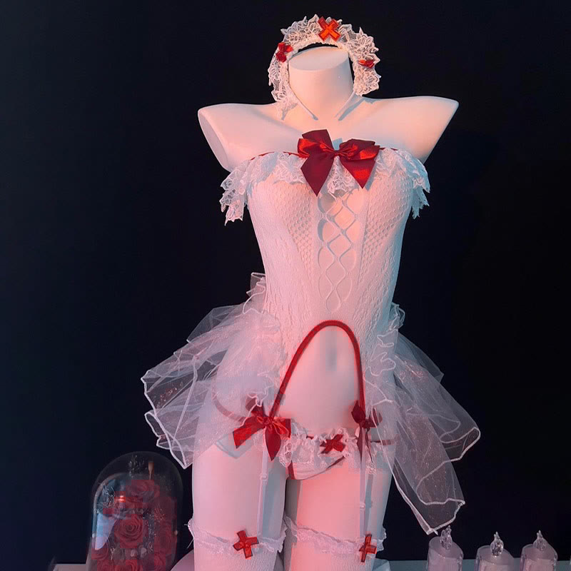 Cosplay Nurse Sexy Bowknot Lace Hollow Lingerie Jumpsuit With Stockings