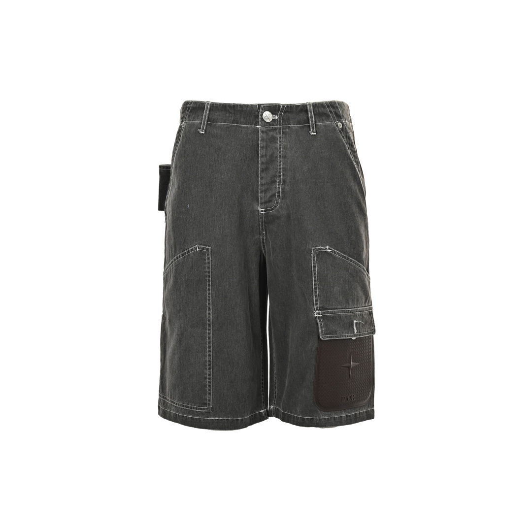 Dior & Stone Island Denim Shorts with Leather Pocket Logo