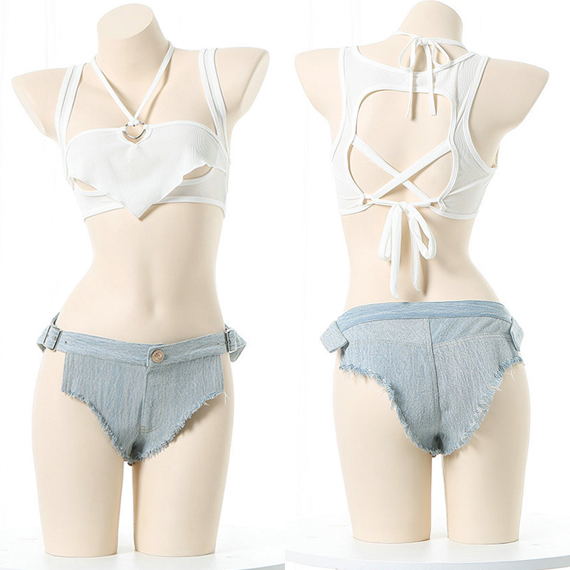 Lace Up Tank Top Denim Shorts Lingerie Set
