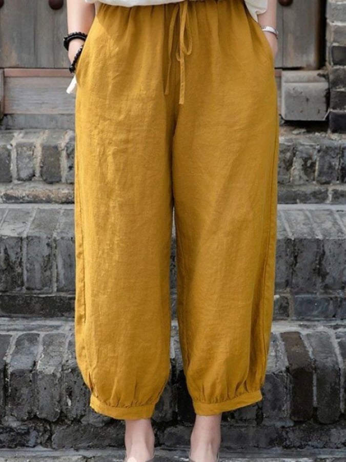 Women's Solid Color Loose Elastic Waist Casual Cotton And Linen Pants