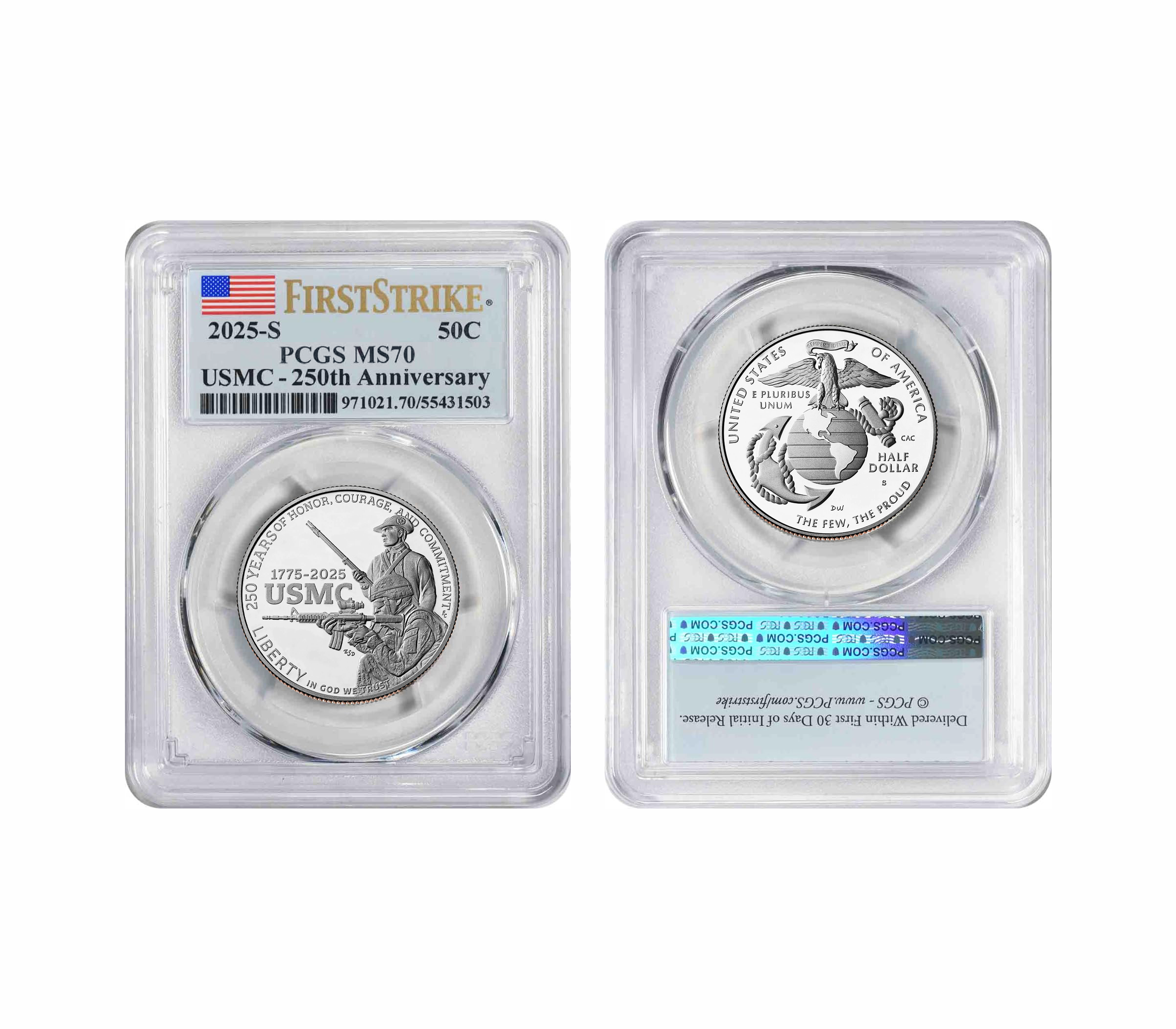 2025 P U.S. Marine Corps USMC 250th Anniversary Commemorative Half Dollar, First Strike PCGS MS70