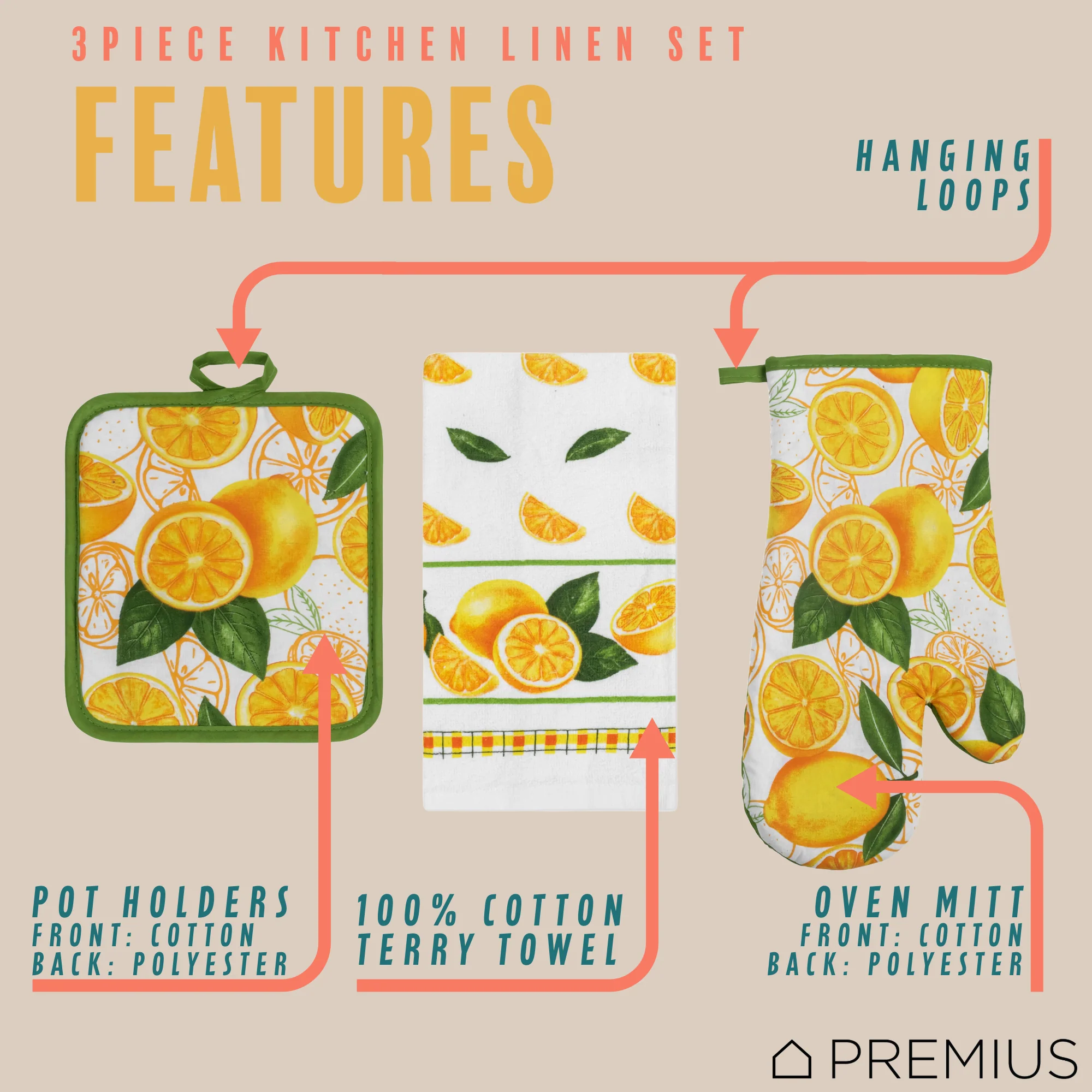 PREMIUS 3 Piece Printed Kitchen Linen Set, 1 Cotton Towel, 1 Pot Holder, 1 Oven Mitt