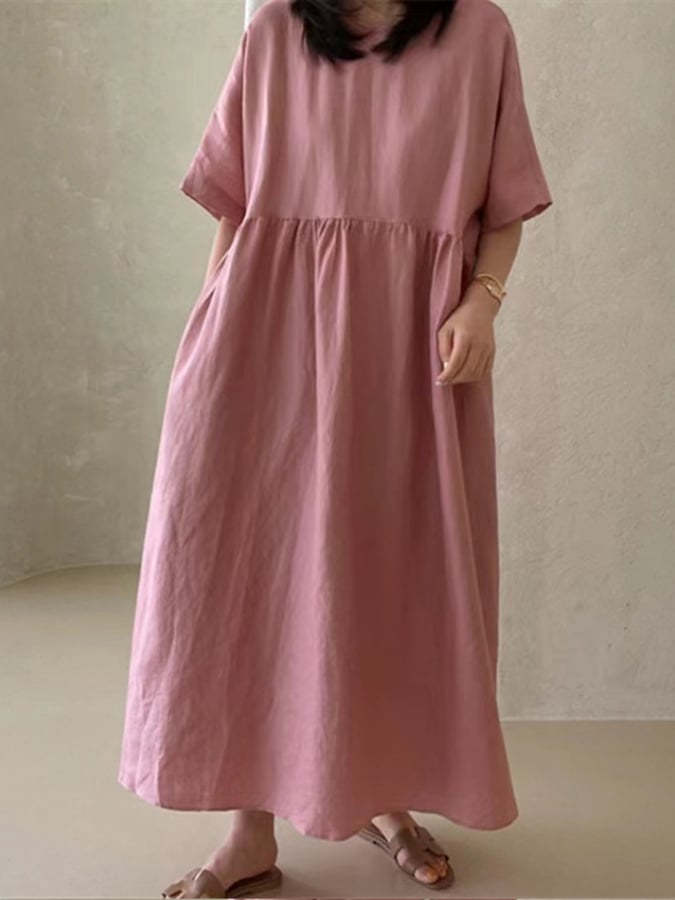 Women's Solid Color Buttoned Design Loose Cotton And Linen Casual Dress