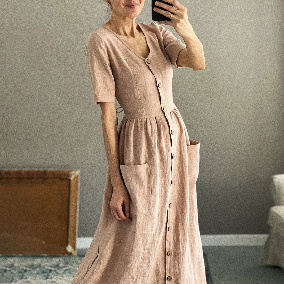 Solid V Neck Button Pocket Midi Dress