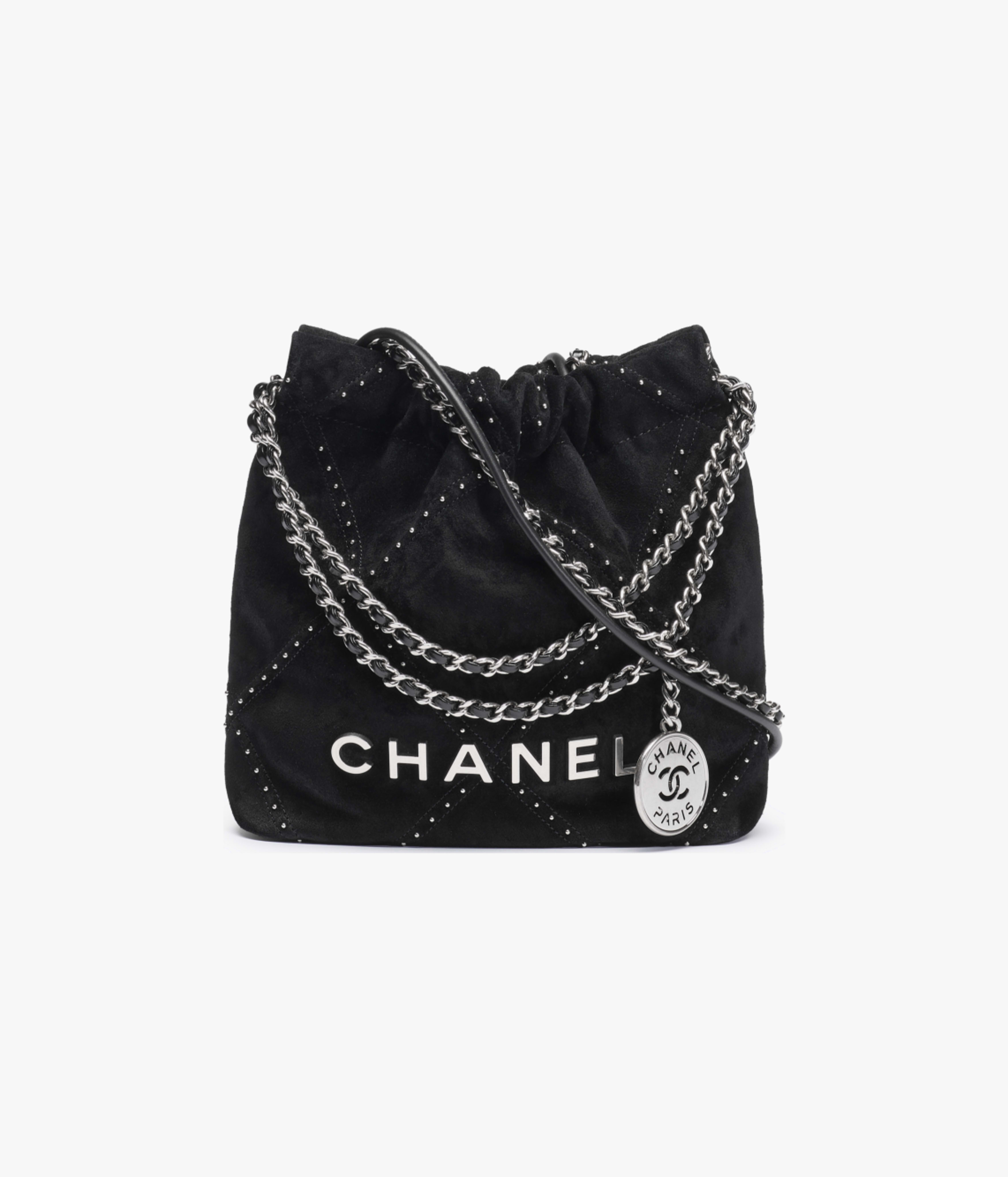 CHANEL 22 Mini Handbag Suede Calfskin, Studs & Silver-Tone Metal Black AS3980-B20303-94305