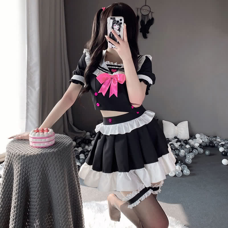 Cosplay Maid Bowknot Love Heart Lingerie Stockings Set
