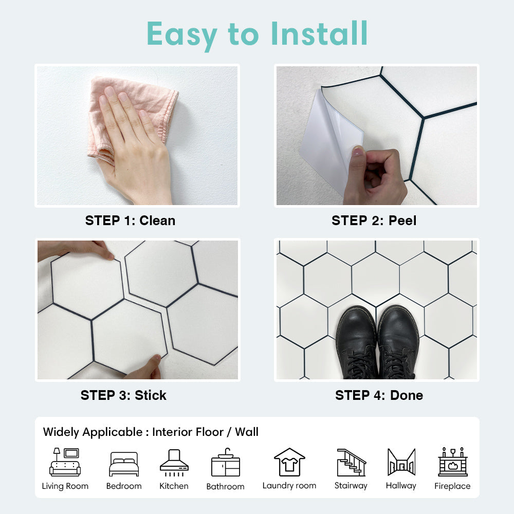 White Hexagon Peel and Stick Vinyl Floor Tile Sticker