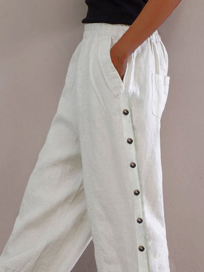 Casual Cotton Linen Button Pocket Trousers