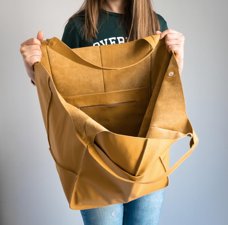 COGNAC LEATHER TOTE bag, Slouchy Tote, Cognac Handbag for Women, Every Day Bag, Women leather bag, Weekender Oversized bag