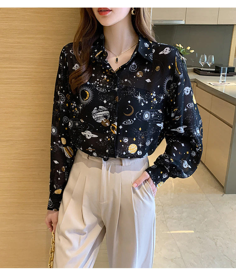 Long Sleeve Stars Planet Printed Office Blouse Shirt